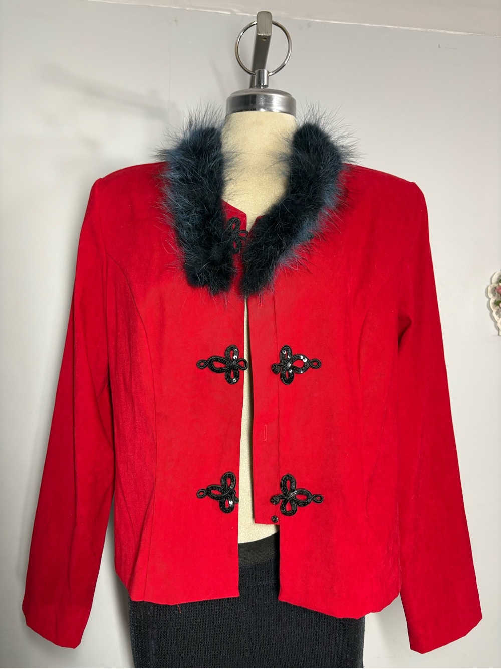 Red Blazer Jacket with Faux Fur Collar Size L
